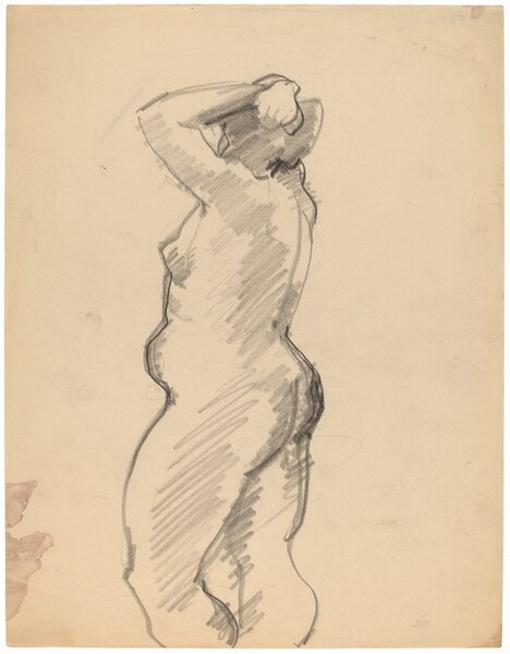 Side View of Standing Nude Turned to the Left, Arms Raised to Head