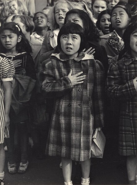 <p>Dorothea Lange, Children of the Weill public school shown in a flag pledge ceremony, San Francisco, California 
, April 1942, printed c. 1965