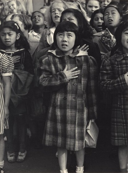 Dorothea Lange, Children of the Weill public school shown in a flag pledge ceremony, San Francisco, California 
, April 1942, printed c. 1965April 1942, printed c. 1965