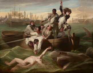 We look onto the side of a rowboat crowded with nine men trying to save a pale, nude young man who flails in the water in front of us as a shark approaches, mouth agape, from our right in this horizontal painting. In the water, the man floats with his chest facing the sky, his right arm overhead and the other stretched out by his side. Extending to our left, his left leg is bent and the right leg is straight, disappearing below the knee. His long blond hair swirls in the water and he arches his back, his wide-open eyes looking toward the shark behind him. To our right, the shark rolls up out of the water with its gaping jaws showing rows of pointed teeth. In the boat, eight of the men have light or tanned complexions, and one man has dark brown skin. The man with brown skin stands at the back center of the boat, and he holds one end of a rope, which falls across the boat and around the upper arm of the man in the water. Another man stands at the stern of the boat, to our right, poised with a long, hooked harpoon over the side of the boat, ready to strike the shark. His long dark hair blows back and he wears a navy-blue jacket with brass buttons, white breeches, blue stockings, and his shoes have silver buckles. Two other men wearing white shirts with blousy sleeves lean over the side of the boat, bracing each other as they reach toward the man in the water. An older, balding man holds the shirt and body of one of this pair and looks on, his mouth open. The other men hold long oars and look into the water with furrowed brows. The tip of a shark’s tail slices through the water to our right of the boat, near the right edge of the canvas. Along the horizon line, which comes three-quarters of the way up the composition, buildings and tall spires line the harbor. The masts of boats at port creates a row of crosses against the light blue sky. Steely gray clouds sweep across the upper left corner of the canvas and the sky lightens to pale, butter yellow at the horizon.