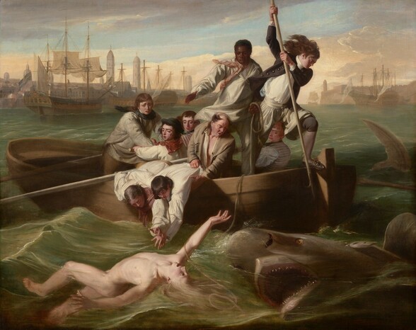 We look onto the side of a rowboat crowded with nine men trying to save a pale, nude young man who flails in the water in front of us as a shark approaches, mouth agape, from our right in this horizontal painting. In the water, the man floats with his chest facing the sky, his right arm overhead and the other stretched out by his side. Extending to our left, his left leg is bent and the right leg is straight, disappearing below the knee. His long blond hair swirls in the water and he arches his back, his wide-open eyes looking toward the shark behind him. To our right, the shark rolls up out of the water with its gaping jaws showing rows of pointed teeth. In the boat, eight of the men have light or swarthy complexions, and one man has dark brown skin. The man with brown skin stands at the back center of the boat, and he holds one end of a rope, which falls across the boat and around the upper arm of the man in the water. Another man stands at the stern of the boat, to our right, poised with a long, hooked harpoon over the side of the boat, ready to strike the shark. His long dark hair blows back and he wears a navy-blue jacket with brass buttons, white breeches, blue stockings, and his shoes have silver buckles. Two other men wearing white shirts with blousy sleeves lean over the side of the boat, bracing each other as they reach toward the man in the water. An older, balding man holds the shirt and body of one of this pair and looks on, his mouth open. The other men hold long oars and look into the water with furrowed brows. The tip of a shark’s tail slices through the water to our right of the boat, near the right edge of the canvas. Along the horizon line, which comes three-quarters of the way up the composition, buildings and tall spires line the harbor. The masts of boats at port creates a row of crosses against the light blue sky. Steely gray clouds sweep across the upper left corner of the canvas and the sky lightens to pale, butter yellow at the horizon.