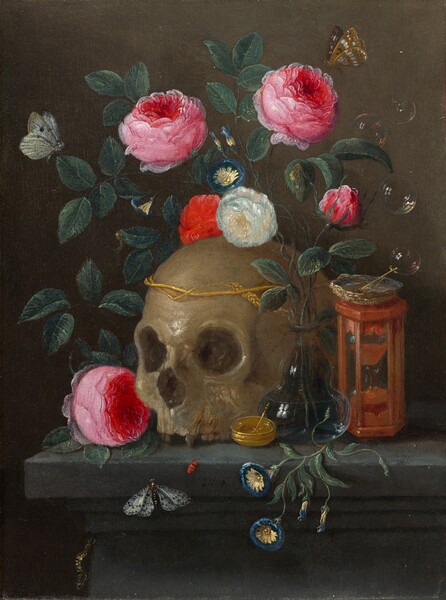 A skull, a glass vase of flowers, an hourglass, and two small dishes are arranged on a charcoal-gray ledge against a fawn-brown background in this vertical still life painting. Soap bubbles float around the objects to our right, and several insects alight on the flowers or ledge. At the center of the composition, the dark, parchment-colored skull is missing the lower jaw and front teeth, and the crown is wrapped with a single stalk of wheat. To our right of the skull and tucked in near the hollow of the cheek, a short, glass vase with a bulbous bottom, narrow neck, and slightly flaring lip holds four blush-pink flowers, perhaps roses, along with a white flower and a red one, perhaps carnations. A vine of royal-blue, trumpet-like flowers with pale yellow centers could be morning glories. Three of the pink roses are in full bloom and one, near the hourglass, is in bud form. The red and white carnations rest next to each other on or near the top of the skull. Deep green leaves fill the spaces between the loosely gathered flowers. Next to the vase, to our right, an hourglass has a cedar-red wooden frame, and about half the sand has dropped into the bottom bulb. A shallow dish, perhaps a shell, sits atop the hourglass with a short straw or stick resting against the lip to our right. One glistening soap bubble perches on the far end of the straw. Another small bowl and stick, this set of burnished gold, sits between the vase and skull. One of the blooming roses rests next to the skull, on the front left corner of the ledge. Several delicate soap bubbles rise above the hourglass along the right side of the painting. A golden brown moth with white markings floats above the bubbles, about to land on one of the roses. On the opposite side, a white moth with one black spot on its wing rests on a leaf near another rose. A white moth with black speckled wings clings to the front of the ledge, and a black and dark caterpillar flecked with gold climbs up under it. The artist painted his initials, “JVK,” on the front of the ledge, near a small red beetle. Light falls across the still life from our left, and panes from a window outside our view are reflected in the bubbles and on the glass vase.