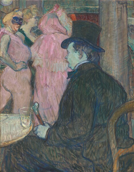 Shown from the lap up, a man wearing an ash-brown suit and top hat sits turned mostly away from us, next to a round table, facing a group of at least three women farther back in the room in this vertical painting. The scene is loosely painted with visible, mostly vertical strokes, and most of the forms, clothing, and objects are outlined in cobalt blue. Sitting in a wooden, ladderback chair, the man’s body takes up the bottom right quadrant of the painting. His skin is painted pale turquoise. His face turns away from us so we see the tip of his nose and the lines of his cheek and double chin. He has short brown hair under his top hat. He holds a silver-topped cane in one hand, which rests in his lap. A glass with some clear liquid sits on the table in front of him, to our left.  A peanut-brown column spans the height of the painting just beyond him, near the right edge of the composition. Three women stand closely together in the near distance, in the upper left corner of the painting. At the front of the trio, a woman with a peach-colored face wears an indigo-blue mask over her eyes. A few swipes of paint indicate blond hair, possibly pulled up. She faces our right in profile and stands with her right hand, closer to us, planted on her hip. She wears a bubblegum-pink sleeveless top and form-fitting pants. The skin of her arm and the skin on the face of the woman standing just beyond her is a cream-white tinged with blue. That second woman faces our right in profile, and her blond hair is either short or also pulled up. A teal-green strap of a low-cut dress crosses over the shoulder we can see. A third woman stands in front of this pair, between them and the seated man. She faces away from us and wears a cotton candy-pink robe and hood that completely covers her body. The wall at the back of the room is painted with areas of brick red, moss green, and a grayish mauve pink.