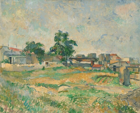 Across a grassy field, a row of buildings and two trees line the horizon, which comes about halfway up this nearly square landscape painting. The field is painted with visible brushstrokes of sage, moss, and mint green as well as caramel brown, parchment white, and turquoise blue. The trees, to our left of center, are painted with dark green. The buildings have charcoal-gray or terracotta-red roofs with cream-white or slate-blue walls. The sky above is painted with dabs and strokes of ice and baby blue, with areas of pale peach and ivory white to suggest clouds.