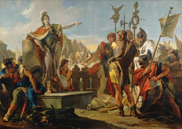 A woman wearing a breastplate and helmet over a toga stands to our left on a platform, gesturing with one arm extended to a group of about a dozen soldiers gathered around her in this horizontal painting. The woman has pale white skin and most of the soldiers have ruddy complexions. The woman stands with her body facing us but she turns her head to our right, looking toward but not at the knot of soldiers clustered there. She leans on her right elbow, on our left, resting on the flat top of a broken column, and she holds a scepter in that hand. Her other arm is raised and her fingers are extended except for the index finger and thumb, which touch to make a circle. Her gold helmet is encrusted with gems and a white plume issues from the top. Her red and gold cloak is fastened around her neck and falls open to reveal her armor and sandal-clad feet. A shield rests on the platform near her feet, and other pieces of armor are scattered on the dirt ground near the platform. A young boy with chestnut-brown curls holds her cloak behind her and to our right. In the lower left corner of the painting, one soldier sits on the edge of the platform, and he twists and looks up at the woman. Several soldiers standing in a group to our right carry shields, banners, and halberds, which are tall, ax-like weapons. The men wear helmets and breastplates, and cloaks in canary yellow, crimson red, and ivory white. The man closest to us stands with his back to us, and he looks over his shoulder at the woman. An animal skin wraps around his shoulders and the head of the animal drapes over his head. More soldiers and tents in the middle distance are painted in almost monochromatic tones of peanut brown and taupe. The sky above is blue with a few white clouds, except for a band of soft yellow along the horizon.
