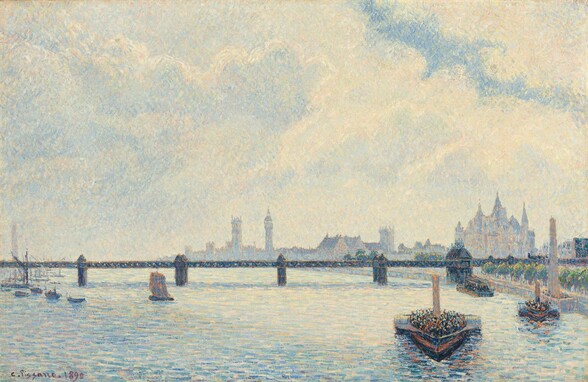 We look across a river at a long, flat bridge that runs parallel to a hazy, city skyline in the distance in this horizontal painting. The scene is painted with visible dashes and strokes of mostly pastel blue, ivory white, muted mauve purple, and navy blue. The flat bridge spans the width of the composition along the horizon, which comes a third of the way up the canvas. The sky above is filled with clouds painted in muted tones of cream white, pale blue, and a few touches of shell pink, which mirror the water below. Along the horizon, buildings with spires and towers stretch from our right about two-thirds of the way across the canvas. To our left, a cluster of several boats, tiny in scale, gather near the bridge. Closer, and to our right, three larger ferries are crowded with passengers who are represented by miniscule daubs of brightly colored paint, mostly in black, golden yellow, crimson red, sky and cobalt blue, and ivory white. These boats are painted in short, flat brushstrokes in bands of flame red and midnight blue. The artist signed and dated the work at the lower left: C. Pissarro, 1890.