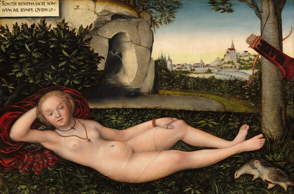 A nude woman with pale, rosy skin lies across a grassy field in front of a pool fed by water from a rocky outcropping, with a town in the distance in this horizontal painting. The woman lies back against a scarlet-red garment, presumably a dress, bunched under her shoulders, with her head to our left. Her face turns to us, but she cuts her eyes to our right, her lids nearly closed. She has a wide face, a pointed chin, and her thin, rose-pink lips are closed. Her blond hair is pulled back and gossamer fabric, nearly invisible, creates a veil reaching her arched eyebrows. She rests her head against her raised right arm, closest to the grass on which she lies, and her other arm rests along the side of her body. Her ankles are together but her knees fall slightly apart. More sheer fabric wraps across her hips. She wears a black cord tied in a bow around her neck and a longer, thick, gold chain necklace with a pendant with a ruby-red stone and pearls. On her left hand, along her body, she wears a crimson-red and gold, jeweled bracelet and three gold rings with red and blue jewels on her thumb, pointer, and pinkie fingers. The grass beneath her is painted with emerald-green plants and leaves against a dark, forest-green background. Two partridges walk in the grass, one pecking at the ground, near the lower right corner of the composition. An ash-gray tree trunk spans the height of the painting near the birds, and a bow and garnet-red, long, box-like quiver of arrows hang from a branch. Beyond the band of grass, to our left, is a pool being fed from a stream of water coming from the rocky, cave-like opening above. The pool is lined with more dark green trees and bushes. In the distance, to our right, is a town with slate-gray buildings with burgundy-red roofs. The sky above deepens from pale, sunshine yellow along the horizon to shell pink to watery blue. A rectangular plaque in the upper left corner reads, “FONTIS NYMPHA SACRI SOM NVM NE RVMP QVIESCO.” On the rock face of the cave nearby is a tiny silhouette of a serpent with folded wings holding a ring in its mouth.