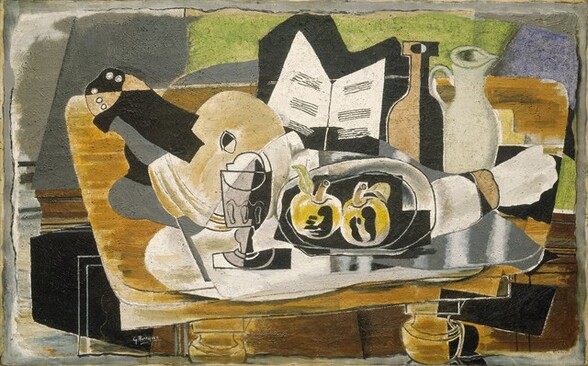 A jumble of abstracted objects, including a stringed instrument, tableware, and fruit, are gathered on a tabletop in this horizontal still life painting. The objects are made up of areas of mostly flat color in muted fawn brown, cream, bright white, fern green, slate gray, and black. Many forms are outlined in black, creating the impression that the some shapes are two-dimensional and assembled almost like a collage. To our left, a musical instrument, perhaps a lute, sits next to appears to be lined paper, perhaps abstracted sheet music, at the center of the composition. In front of the paper, two pieces of pale yellow fruit sit on a silver plate. A rolled up white napkin sits next to the plate in front of an urn and a jug. A steel-gray goblet sits to the left of the plate. The background behind the table is painted with zones of moss green, sky blue, and gray. The edges appear torn, as if the painting is done on a loose canvas or sheet of paper that was then affixed to a support. The surface of the painting is rough and appears scratched throughout, and looks as if paint had been applied when nearly dry. The artist signed and dated the painting in white near the lower left corner: “G Braque 28.”