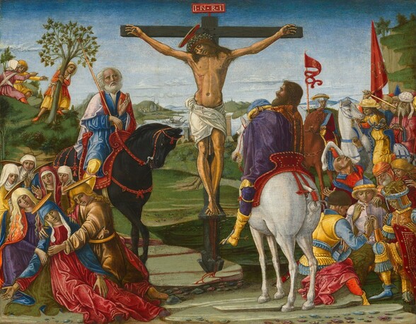 A man, Jesus, is nailed to a cross by his hands and feet and is flanked by groups of about a dozen people to each side, all against a hilly, deep landscape in this horizontal painting. All the people have peachy, nearly golden skin, and their clothing is mostly vibrant yellow, red, blue, and purple. The horizon comes about two-thirds of the way up this composition and crosses behind Jesus’s waist, so the top half of his body and the cross are silhouetted against the ice-blue sky. Eyes closed, Jesus’s head hangs by his shoulder, to our left. Blood drips from the nails driven through his hands, from a gash over his right ribs, and more runs in a continuous stream from his overlapping feet onto the stony ground. Blood also trickles down his shoulder-length brown hair under a ring of thorns. A flat, disk-like halo hovers over his head so it angles sharply toward us, but we can see a red cross on the underside. The letters “INRI” are written in white on a red panel affixed to the top of the cross. The man is nude except for a white cloth across his hips. To our left, a man sits on a red saddle astride a dark brown horse. The balding man has a white beard and hair. He holds a long spear with its pointed end dripping blood against his body with one hand, and holds up his other hand by his chest as he looks at Jesus. In front of him and to our left, a group of six women and one man gather and kneel around a swooning woman. Closest to us, the fainting woman wears a raspberry-pink gown under a blue mantle, which covers her head and shoulders over a white veil. Her body is braced to our right by a cleanshaven man with long, curly blond hair, wearing a tan robe. A woman wearing a purple dress under an orange robe, with unbound, flax-yellow hair, supports the swooning woman’s body on the other side, to our left. Four more women look on from behind this trio. All of them have white veils over their heads, and one has a red mantle over her veil. Tears fall from everyone’s eyes in this group. Five of them, including the woman and those supporting her, have flat, disk-like halos. A short distance away to our left, three children look at the cross from a tall hill. Two sit together, and one stands and holds onto the trunk of a tree growing there. They wear tones of yellow, orange, and rose pink. Next to the cross to our right is a white horse, also with a red saddle. A man with brown hair and beard, wearing purple and yellow, looks up to Jesus. To the right, three men in armor draw straws from the fist of a fourth. Two more men stand near this group and six sit on horses behind them. The rocky ground at the base of the cross is strewn with stones. A green meadow stretches back to a body of water, which is lined with pale blue mountains in the hazy distance.