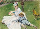 We look slightly down onto a woman and a young boy, both with pale skin, sitting together on a grassy lawn with a chicken standing nearby in this horizontal painting. The scene is loosely painted with visible brushstrokes throughout. The woman sits with her body angled to our left, her legs stretched out in front of her. She turns her head to face us as she leans forward to rest her chin on one hand, with that elbow propped on her lap. She looks off to our left with dark eyes, and her coral-pink lips are parted. Her chestnut-brown hair is pulled up under a white bonnet, which is topped with a pink flower and a touch of black. A black ribbon tied around her neck hangs down her back. She wears a long-sleeved, full-skirted white dress, and swipes of yellow, blue, and brown could be shoes peeking out from the bottom hem. The unfolded fan she holds in her far hand is cream white along the center has rose pink to one side and indigo blue to the other. The boy leans against her torso, his legs coming toward us, and he looks out at us with dark eyes. His cheeks are flushed and his pink lips are closed. He has short blond hair with bangs under a short-brimmed, straw-yellow hat. His suit is baby blue with navy-blue swipes across the shoulders and a white streak at his neck, perhaps a neckerchief. There are dark bands at the cuffs and around his waist. The blue pants are rolled back over bare knees, and he wears gray socks and red and white shoes. A spindly tree trunk grows behind the woman’s back, and the grassy lawn nearly fills the painting. A bed of flowers with dark pink blossoms runs along the curving line of grass in the upper left corner. A chicken stands and looks at the pair, to our right. The bird has a vibrant red comb, buttercup yellow, white, and dark brown feathers. Its feet are covered with white feathers.