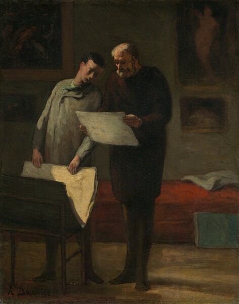 A young and older man, both with pale skin, stand next to each other in  shadowy room looking at a piece of parchment-white paper held by the older man in this vertical painting. Light from the upper left falls across the men, and they take up most of the height of the composition. The paper is held by a balding, elderly man at the center of the composition. He wears a knee-length, dark brown jacket and trousers. His has a gray beard and hair, and thin black lines delineate his brows and trace the creases on his face. A younger man standing to our left has short black hair and ruddy skin. He tilts his head to gaze at the paper in the older man’s hands. The younger man wears a sage-green jacket, and his lower body is partially hidden by a wooden rack before him. The V-shaped rack supports an open, dark green portfolio folder, and the young man rests his hands on the edges of more sheets of paper there. There are two paintings hanging on the olive-green wall of the room to each side of the men, but they are loosely painted and deep in shadow, so the subjects are difficult to make out. Another aquamarine-blue folder rests against a tomato-red bed or sofa that runs along the back wall. A white, folded cloth sits on the sofa above the portfolio. The artist signed the lower left, “h. Daumier.”