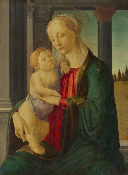 A young, pale-skinned woman with reddish-blond hair sits with a nearly nude, chubby toddler standing in her lap in this vertical painting. She looks down at him, her body and face angled to our left. Thin lines creating a gold halo fan out from the back of her head. An ivory-colored scarf wraps around her head and trails down the back of her neck where it is tucked into a dark teal cloak covering her shoulders and draping across her lap. Under the robe, she wears a loose, cherry-red gown with vertical pleats over her chest. The baby, also with pale skin, reddish blond hair, and a delicate gold halo, looks up at her face with light brown eyes. He stands on the woman’s right thigh, to our left. The woman’s right hand, to our left, wraps around his body and supports his legs while she props up his chest with her opposite hand. A length of pale gray fabric wraps around his stomach and over one shoulder. The two are situated in front of a column and pillar supporting an entablature like a lintel overhead. The view beyond is of a blue sky over a golden field with dark green conical cypress trees in the distance.