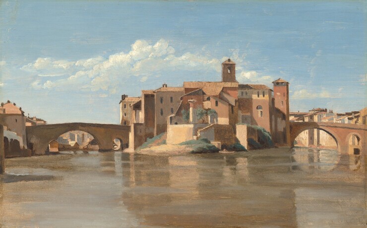 This horizontal landscape painting shows a cluster of tan and rust-brown buildings set on a tiny island at the center of a wide brownish-gray river. We look across the surface of the smooth, glassy river, which spans the width of the composition. Most of the buildings on the island are about the same height, perhaps three or four stories high, except for a bell tower that rises a story above the rest, to our right of center. Sage-green dabs along the ground on the island suggest vegetation. Two arched stone bridges span the river on either side of the island to connect to the city beyond. The color palette is made up entirely of shades of tan, cream white, and brown, except for the blue sky with a band of white puffy clouds above.