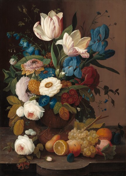 A tall bouquet of mostly celestial-blue, cream-white, and maroon-red flowers fills a rust-red urn, which sits next to a pile of fruit on a brown, stone table in this vertical still life painting. The bouquet is arranged so the flowers fill most of the painting from the upper right corner down to the lower left. The bouquet includes two open, white tulips delicately veined with wine-red streaks at the top center. Two ocean-blue irises are to the right of the tulips, and bluebells are tucked in toward the back of the arrangement, to our left. The bottom half of the bouquet has an anemone flower with white petals around a golden yellow center, and a white rose with its petals tightly clustered around a salmon-pink center. Sprigs of more flowers and fern-green or mustard-yellow leaves fill in and spill out at the sides of the bouquet and the vase. A second white rose and a rosebud rests on the table to our left of the bouquet, and a nest with three small, speckled eggs sits behind it. A butterfly landed on one of the fallen peony's leaves near the front edge of the table. The butterfly has brick-red wings spotted with black and white rings. The fruit spans the right two-thirds of the composition, and includes a bunch of luminous, pale green grapes, two peaches, an orange, a pear, and three plums. A cut citrus fruit sits at the center of the table with the cut side facing our left. The tabletop is marbled with white veins against brown, and it curves out in a half-moon at the front center. The scene is lit from our left. The background behind the flowers lightens from dark shadow at the upper left corner to pecan brown along the right edge. The artist signed and dated the painting as if he had inscribed the top of the table near the grapes: “S. Roesen 1848.”