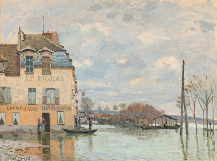 Clouds hunker over a water-logged street that separates us from the end of a row of buildings in this horizontal painting. The scene is loosely painted, especially in the sky and water. The lowest level of the building across from us is apricot orange. The second story is pale peach, and dormered windows cut into the gray and then brown rooflines above. The words “AS’ NICOLAS” are painted in gray near the top of the second level, and more letters on the level below are illegible. The roofline drops down a level where it meets the structure next to it, along the left edge of the canvas. Two women in long skirts stand at a darkened, open doorway near the front corner of the structure. A sign on the side of the building hangs from a horizontal arm over three men in and near a shallow boat, which is being propelled by a man who stands in the stern with a long stick. The street is so wet that it first appears to be a canal or river. It is only when we notice dashes of mauve, pale pink, and gray to our left that we realize the cobblestone road is flooded. A band of buildings with tan walls and black or red roofs spans the right two-thirds of the horizon, which comes about a quarter of the way up this composition. A grove of cinnamon-brown trees and some open structures could be a submerged park in the near distance. Two poles and some spindly trees to our right are reflected in the water. Dark forms around these areas could be more people. Pale blue and very pale pink whip together in the sky, suggesting churning clouds veiling the blue sky. The artist signed and dated the work in the lower left corner, “Sisley 72.”