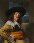 Seen from the hips up, a man with a ruddy complexion and long, brown curly hair and goatee stands in front of a window opening onto a moonlit sky in this vertical portrait. His body faces our right and his right fist, closer to us, rests on his hip so his elbow juts towards us. Wearing a dark, wide brimmed hat, he turns his head to look over his right shoulder directly at us. His eyebrows are slightly raised over brown eyes and he has a bumpy nose, a slight double chin, and pale pink lips that curve in the mere suggestion of a smile. He wears a golden yellow jacket with buttons along the sleeve we can see. The wrist of the jacket is trimmed with a wide, lace-edged cuff and a similarly wide, lace-trimmed collar lays over the armor breastplate that covers his chest. A marigold orange sash is tied around the breastplate as well near the waist, and the goldenrod jacket drapes from a portly belly over his hips. He stands in front of an undefined gray wall pierced with a rectangular window, which is lined along the top with a veil of dark gray clouds over the moonlit sky. 