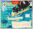 All four sides of this square, unstretched canvas are lined with six gromets spaced along each edge. Blue-green water fills most of the stylized composition. Four people with black skin are squeezed into a small boat floating towards a carnival-like tunnel near the upper right corner. Cartoon ghosts loom at the tunnel entrance and a translucent, veil-like ghost hovers over the left half of the painting. The horizon comes almost to the top of the canvas, where white clouds float against an azure blue sky. A long, lemon-yellow line curls back and forth in a tight, curving zigzag pattern that widens out from a tiny sun setting on the horizon. A red cross on a white field floats near the upper left. At the top center, the word “WOW” appears in white letters within a crimson-red, bursting speech bubble with long trailing tendrils. Below the boat and against the water to our right, the word “FUN” has been overlaid with a white square so the tall, white letters are barely visible. The words “GREAT AMERICA” appear in a curling banner across the bottom half of the painting. 