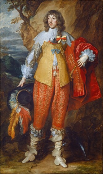A man with cream-colored skin, wearing an elaborate, gold-embroidered jacket and pants in amber yellow and tomato red stands in front of a landscape with a rocky protrusion and steel gray clouds in this vertical, full-length portrait painting. He stands with his body facing us but turns his head slightly to our left and looks off in that direction with slate-blue eyes under curving brows. His smooth cheeks are lightly flushed in his oval face. His full pink lips are closed and are framed by a mustache and small goatee under his lower lip. His wavy brown hair falls in bangs across his forehead and down to his shoulders. One longer lock has been braided and tied with a yellow and red bow. A wide, lace collar extends from his neck to drape over his shoulders, overlapping a piece of metal armor around the neck, called a gorget. His butter yellow jacket, a doublet, is embroidered with gold along the hems and where it hangs open down the front to show a white shirt beneath. Gold embroidered silver sleeves are cut with long slits to also show the white linen beneath, and end with layers of lace at the wrists. A crimson red coat or cape hangs over his left arm, on our right. His tomato-red pants are covered all over with gold stitching above ivory-white, calf-high boots. He holds a wide-brimmed, black hat adorned with soft red, white, and marigold orange feathers in his right hand, on our left. An armored breastplate rests at his feet. He stands on a dirt ground with a tall boulder immediately behind him to our right. The landscape in the distance to our left has a sky filled with steel-gray clouds above trees and hills.