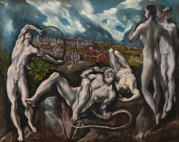 Close to us, six people, all nude with light skin, stand or lie intertwined with snakes on a bank of rocks in this horizonal painting. Beyond them, the deep, distant landscape has a brown horse, tiny in scale, headed for a city of stone buildings beneath a vivid blue sky filled with twisting white clouds. The people’s bodies are sinewy and elongated, and their skin is painted in tones of ivory white, warmed with peach highlights and streaked with deep gray shadows. At the center, a man with a white beard and white, curly hair lies back on the charcoal-gray rock with his knees bent and his shins splayed out. With his body angled away from us to our right, he holds the body of a long, silvery-gray snake in his left fist, on our right, down by his hip. The snake curves behind the man’s body and he grips the snake behind its head. The man has high cheekbones and sunken cheeks, and rolls his eyes up and back to look at the snake, whose wide-open mouth nearly touches his hair. To our left, a cleanshaven young man stands with his body facing us but he arches back, holding an arcing snake in his hands. The young man’s right hand, on our left, bends at the elbow so he can grasp the snake’s tail and his other arm stretches straight back, holding the snake’s body as it curls around so its fangs nearly reach the young man’s side. To our right, next to the older man, a second, dark-haired young man lies on the rocks with his head toward us. His feet are on the ground, so we look onto the tops of his thighs. He lies with one hand resting on the ground, overhead. Three people seem to float, feet dangling, alongside the right edge of the painting. The person closest to us looks onto the writhing people in profile, back to us. A second person just beyond also looks to our left. A third head turns the opposite direction and looks off to our right. In the distance, the golden-brown horse is angled away from us, one front leg raised, on a path that moves from behind the rocky outcropping to the far-off town. Nestled in a shallow valley, buildings in the town are mostly painted with rose pink and red walls and smoke-gray roofs. The land dips to a deeper, green valley to our right, lining the horizon that comes two-thirds of the way up the composition. The standing people are outlined against the sapphire-blue sky and knotted, gray and white clouds.