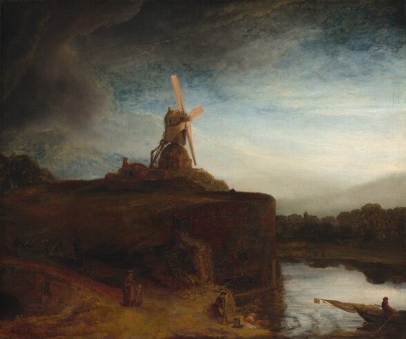 A windmill stands on a promontory cutting into a waterway under a partially stormy sky in this square landcape painting. The promontory and mill are painted in muted tones of brown and rust orange, while steel-gray and white clouds encircle a topaz-blue sky above. The promontory juts into the scene from our left, and the front of the windmill is angled to our right so its golden-tan sails catch the light. Silvery water winds around the base of the promontory and extends to a dark green, shadowy bank on the far side. A boat in the lower right corner of the composition is rowed by a man wearing a red jacket and cap. A path runs to the water’s edge from the left edge of the painting, in front of the promontory’s retaining wall, which is shored up with stones or panels. A person in dark clothing close to the windmill seems to rest their arms on the retaining wall, their back to us. Closer to us, a woman holds a child’s hand as they walk down the path to the bank. A bearded man with tattered brown clothes and bare feet stands leaning against the wall near a woman wearing burnt-orange garment. She sits or kneels at the water’s edge in front of a basket of clothes and holds up a brown cloth. The olive-green forms of the trees on the far bank are reflected in the water, and closer inspection reveals two cows near the water there. Charcoal-gray clouds pile up along the left of the painting and span the top edge. There is a brilliant blue sky beyond and a screen of white clouds near the horizon, which comes about a third of the way up the canvas.