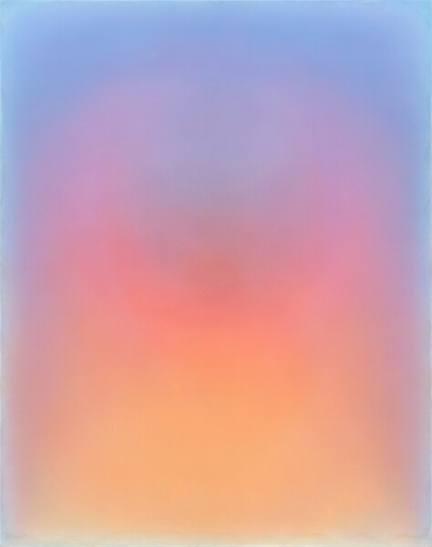 Pale yellow, warm orange, rose pink, lilac purple, and topaz blue diffuse this abstract vertical painting. The field of yellow across the bottom rises and deepens through orange and pink to flicker up and touch at points, like flared wings, that almost reach the top of the composition. Purple hugging the pink gives way to shimmering blue edges. Brushstrokes are completely blended so this resembles jewel-toned steam wafting across the canvas.