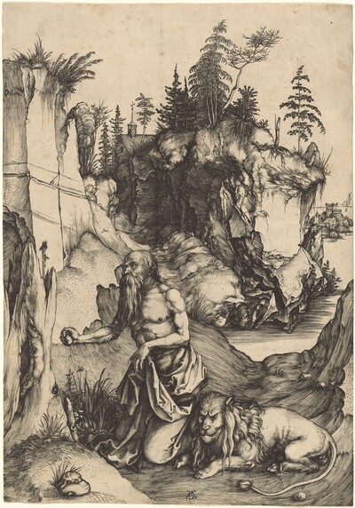 Printed with black lines on light tan paper, a balding, bearded, muscular man kneels next to a small lion in a rocky landscape in this vertical engraving. The man’s beard comes down beyond his chest, and his hair is long behind his receding hairline. His torso is bare while his lower body is wrapped in a cloth that falls in deep folds. He faces our left, gazing at a broken tree trunk with a cluster of weeds growing near its roots. A small crucifix is thrust into the broken trunk. He holds a rock in his outstretched right hand, on our left. The lion crouches next to him with his eyebrows gathered low as he looks off to our left. Beyond them, a landscape rises along either side of a path leading toward a church in the distance. On the left side are the cracked walls of a building with plants growing out the top. On the right is the craggy face of a cliff with tall, slender trees growing on its top slope. The path darkens as it passes the cliff and reaches the church to our left of center. In the far distance to the right of the cliff is a castle-like structure with square towers. Deep shadows around the man and lion and along the path are created with areas of densely spaced, black hatched lines, and unmarked areas create bright highlights. The artist signed the work with monogram made of a capital D tucked between the legs of an uppercase A.
