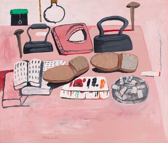 Two old-fashioned irons (for pressing clothes), books, two shoes, a nail, an ashtray full of cigarette butts, a burning cigarette, and what might be a paint palette are arranged on a pink surface in this stylized painting. Each object is outlined in black, gray, or white, and filled in with mostly flat blocks of black, brown, white, or shades of pink. We look down onto the table from an angle, and the bottom quarter is clear of objects. Set a bit back on the table, a stack of three books with the topmost one open is to our left next to the two shoes, which are laid soles-up in a line. One shoe overlaps the rectangular palette, which is streaked with red, black, orange, and green. The ashtray is along the right edge of the table, and the burning cigarette hangs off the edge nearby, a thin plume of smoke wafting upward. The stake or nail, the two irons, and a pink book with an open eye looking to our right are in a row along the back of the table. Another stake stands vertically, tip down, near the back right corner. A light bulb with a gold chain and a black square with a green pull-down curtain are to our left, along the top of the composition. The artist signed the work to the left of center along the bottom edge, “Philip Guston.”