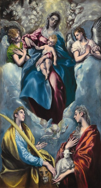 A woman and the baby she holds float in a cloud flanked by two winged angels, as two women stand below in this tall, vertical painting. All the people have pale skin shaded with smoke gray, and their necks, fingers, and limbs are elongated. At the top center of the painting Mary holds Jesus on her lap. Jesus is nude except for a white cloth wrapped around his middle. His body faces us as he looks off to our left. He has blond, curly hair and the pudgy features of a baby. He grasps the forefinger of Mary’s right hand, to our left, and his other hand rests by his side. Mary looks down at the baby with her head tilted to our right. One hand reaches around Jesus’s torso and the other arm is lifted, so he can hold her finger. She wears a white veil draped over chestnut-brown hair and a sapphire-blue cloak over a voluminous, rose-pink dress. A winged angel looks on to each side of this pair. Both angels have blond hair and delicate features. The angel to our left wears a parakeet-green robe and has ice-blue wings. That angel crosses arms over the chest, as the angel to our right holds hands together in prayer. The second angel wears shell white and has silvery-gray wings. Both are seen from the chest up from behind puffy, pale blue clouds. Above the angels, rows of ghostly winged baby heads are loosely painted with tones of ivory white and slate gray. They frame a golden glow that surrounds Mary’s head. At Mary’s feet are five more winged baby heads. In the bottom third of the painting, two women stand with their bodies facing inward, toward each other. They both have honey-brown hair, snub noses, and pointed chins. The woman to our left looks up at Mary with large, glistening eyes, her pale pink lips parted. She wears a canary-yellow robe over a topaz-blue, long-sleeved garment. One hand curves over the head of a lion standing in front of her, holding one end of a long palm frond that rests on her right shoulder, closer to us. Two curling lines on the lion’s forehead are the cursive Greek letters for Delta and Theta, which are the artist’s initials. The woman to our right looks down so we see her in profile. A gossamer-white veil covers her hair and drapes across her chest. She is enveloped in a shimmering, flame-red cloak. A white lamb lies across the woman’s left forearm, closer to us, and the woman holds her other hand up to her chest.
