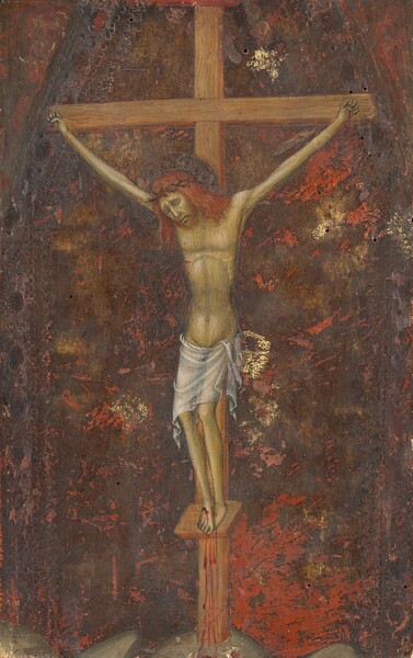 A thin, haggard, olive-skinned, nearly nude man is nailed to a wooden cross in this vertical painting. His body is stretched and elongated between wide-spread hands. Blood trickles from where each hand has been nailed to the cross and from a gash over his right ribs, on our left. The blood from the nail in his overlapping feet drips down the shallow platform on which they rest, down the foot of the cross, and onto the ground. His head droops down to our left, eyes closed and shaded under deeply furrowed brows. Blood also seeps from the ring of thorns around his long, coppery-red hair. He has a long, straight nose, a short beard, and his lips are slightly parted. The man wears a sheer white cloth loosely draped low on his hips. The background is streaked with tawny brown, burnt orange, and gold.