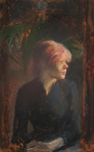 Shown from the waist up, a woman with light, peachy-yellow skin sits with her body facing us as she looks over her shoulder to our right in this loosely painted, vertical portrait. Her face is in profile and her carnation-pink and tangerine-orange hair is pulled into a bun at the base of her head. Fluffy bangs are parted over her forehead and obscure her eyes. Her snub nose is reddened, and her pink lips are pursed. She wears a long sleeved, tight fitting, black blouse with bright orange trim along one side of the shallow, V-shaped neckline. Her hands rest in her lap, one in front of the other. The hand and forearm we can see is nickel gray. The light shines from our right, casting the back of her head into shadow. The background is honey orange and plum purple, with forms suggesting forest-green leaves. The left and right edges of the painting are bordered in coffee-brown paint brushed or scraped over pecan-brown paint. Brushstrokes are visible throughout.