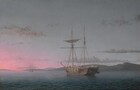 Near the center of the painting, a masted wooden ship floats against a vibrant sunset that fades from lilac purple to carnation pink along the horizon line, which comes about a quarter of the way up this horizontal landscape. The boat is angled away from us and to our left with one sail tied up near the top of one of the two tall masts. Four people stand on the lumber-filled deck and tie up other sails. A second boat floats in the distance, its rigging and masts silhouetted against the vivid pink sky. The water is deep blue along the bottom edge of the canvas and lightens where it meets the hills along the horizon. Slivers of wispy slate-gray clouds sweep across the sky.