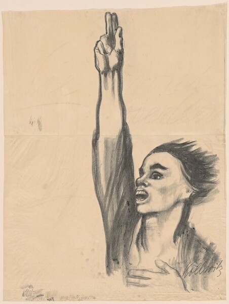 Shown from the chest up in the bottom right quadrant of the composition, a person holds one arm straight up with the thumb and first two fingers extended as their hair blows back from their face in this vertical lithograph.  On tan-colored paper, the person is printed in tones of gray, as if sketched in charcoal. The mouth is wide open and teeth visible. The person has high cheekbones, heavy, pointed brows, and straight hair. A garment is suggested with long strokes of gray. The hand not raised in the air rests on the person’s chest, and is cut off by the bottom edge of the print. Faintly drawn words in the background are difficult to make out. Small in scale, several clusters of zigzagging lines are in the lower left corner. The artist signed the work in the lower right corner, “Kollwitz.”