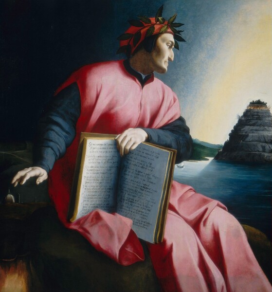 A pale-skinned man sits, holding an open book next to his lap so the pages face us in this square painting. His body is angled to our right, and he turns his head farther in that direction, so his face is in profile. He has heavy brows, high cheekbones, and a prominent, hooked nose. His lower lip projects beyond his thin upper lip, and his chin juts out. He is lit from our right, so the hollows of his cheeks are in shadow. A vivid red cap encircled by a wreath of laurel leaves covers his dark hair. His long, cranberry-red robe splits over the shoulders to show navy-blue sleeves. His left hand, farther from us, braces the top of the open book, which comes up to chest height. A poem written in verses of three lines each in Italian can be read on both pages. The man’s other hand is lifted and hovers, palm down, over a miniature skyline by his side. The buildings there include a dome with a pointed lantern and two towers. A lighter tan area in the lower left corner, beneath the skyline, is difficult to interpret. The man sits on a grassy outcropping, which is mostly lost in the shadows. A body of blue water stretches into the distance beyond the outcropping to meet a conical mountain layered like a cake with ten sections. Trees grow on the narrowest, topmost level, and flames line the second level. A boat, tiny in scale, sails across the water near a grassy, zigzagging shore in the distance. Light from the upper right creates a creamy yellow beam across the otherwise darkened sky.