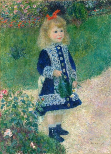 A pale-skinned young girl with blond hair, wearing a blue dress, stands in a garden in this vertical painting. The girl and background are painted with blended strokes, giving the scene and especially the girl a soft look. She faces our right and stands in the middle of the composition. Her shoulder-length cloud of hair is topped with a red bow, and long bangs frame her round face. Under faint brows, her sapphire-blue eyes look to our right. She has a petite nose, and her coral-pink mouth turns up in a slight smile. Her cobalt-blue dress is trimmed with wide, blue-white lace on the neckline, across the bottom hem, and down the front to either side of a row of white buttons. The white edges her petticoats come down to just below her knees, peeking out from under the flaring skirt. She wears white socks over blue ankle boots, which also have a row of white buttons down the side we can see. Her near hand is raised with her index finger hooked in the handle of a green watering can, and she holds two daisies by her side in her other hand. She stands on a path flecked with ivory white, pale purples, greens, and pink that curves up and to her left. A bush with emerald and pine-green leaves dotted with pink blooms fills the lower left corner. Behind her, green grass runs back to meet a profusion of pink, purple, and poppy-red plants and flowers that run along the top edge of the composition. The artist signed and dated the lower right, “Renoir. 76.”