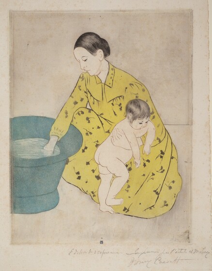 A woman kneels to test the water in a freestanding bathtub with one hand as she braces a nude child against her knee with the other in this vertical, colored print. The people and objects are outlined lightly with brown for the bodies and black for the woman’s clothing. Both the woman and baby’s hair are incised with delicate black lines. The woman’s hair is pulled back from a high forehead, and she has a straight nose, pursed lips, and a slight double chin. Her long-sleeved, floor-length dress has a narrow collar and is pleated across the chest and at the cuff we can see. The dress is filled in with a field of bright lemon yellow and patterned with a floral design. The baby turns toward the woman’s body and hangs their arms over her bracing hand. The baby has short, wispy, black hair with delicate facial features, a rotund belly, and satisfyingly pudgy rolls on the legs. The tub is denim blue, and the water within a paler shade. There are some smudges across the paper, especially at the edges. A mark with an oval, or a mirrored C, over an uppercase M, is stamped in royal blue at the bottom center of the print. The sheet is inscribed with graphite across the right half of the bottom margin. Text reads, “Edition de 25 épreuves Imprimée par l’artiste et M. Leroy Mary Cassatt.