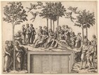 Twenty-four people gather on a hilltop that incongruously curves over a door and door jamb in this horizontal engraving. Created with black lines on white paper, the print replicates a painting that surrounds a door in an actual room. At the upper center, Apollo sits on an earthen mound. He has long curling hair and wears a laurel crown, tunic, and flowing robe affixed like a cape. He strums a lyre with his right hand, on our left. In groups of four or five, men and women stand in conversation or lounge in repose around him. Faint cursive writing, added with pen, above most of their heads identify them as poets and mythological muses. One group gathers around a lone tall, spindly tree to the left; a grove of several trees frames the group behind Apollo at the center; and a pair of trees separates two small groups of people to the right. The tops of the trees almost touch the top of the print. Five cherubs, each holding leaf diadems in both hands, float between the tree canopies above. A piece of paper seems to be affixed to the doors below, at the bottom center of the composition. It is inscribed with all caps, “RAPHAEL PINXIT IN VATICANO,” above a monogram with the conjoined initials “MAF.” 