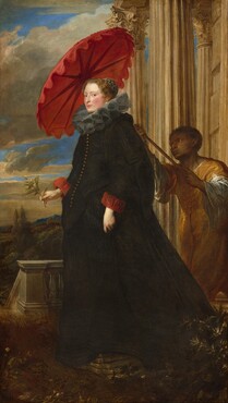 A tall woman with pale white skin and a shorter man with brown skin stand on a terrace in this vertical, full-length portrait. At the center, the woman wears a voluminous, long-sleeved, black dress with a row of gold buttons down the bodice. She has a wide, gray ruffled collar at her neck and red ruffled cuffs at her wrists. Her brown hair is pulled back under a cap ornamented with rows of white pearls. She looks at us close-lipped down the bridge of her straight nose. She holds a sprig of orange blossoms in her right hand, on our left. The second person leans into the space from our right as he reaches to hold a crimson-red parasol over and behind the woman’s head. He is cleanshaven with short, dark hair and brown eyes. He wears an amber-yellow garment over a white shirt. Fluted columns rise along the right edge of the composition, and the terrace is enclosed with a low balustrade. Plants surround the woman's feet, and a distant landscape below a blue sky is visible to our left.