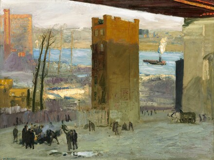 A six-story, narrow building stands alone in an otherwise unoccupied lot under the deck of a high bridge, with a river and cityscape in the background in this horizontal painting. Dozens of people, small in scale, are each painted with a few swipes of black and some with peach-colored faces. They gather at the foot of the building and around a fire to our left, near the lower left corner of the composition. The fire is painted with a dash of orange, a few touches of canary yellow, and a smudge of gray smoke. Several more people stand and sit against the building, which has a streetlamp near its entrance. The back end of the building angles away from us to our right, so we see the narrow, front entrance side to our left. Each of the six floors of the building has two windows with fire escape ladders on the narrow side we can see. Some strokes in red and white on the lower levels of the long, flat side of the building suggest signs or posters. The top story glows a warm sienna brown in sunlight, while the rest of the building and the scene below are in shadow. More people walk along a grayish-violet fence that encloses the lot beyond the building. The ground is painted thickly with slate gray, pale, sage green, and one smear of white to suggest snow. To our right and a short distance from us, a white horse pulls a carriage near the foot of the bridge. The ivory-white, concrete piling rises up and off the right edge of the canvas and supports the deck of the bridge above. Only a sliver of the brick-red underside of the bridge is visible, skimming the top edge of the painting in the upper right corner. Two twiggy, barren trees grow up beyond the muted purple fence, and the landscape beyond is bright in the sunlight. A terracotta-orange building rises along the left edge of the painting, with the area between it and the lot under the bridge filled with thickly painted patches of butter yellow, amethyst purple, and sage green. Beyond that, an ice-blue river flows across the composition. The shore beyond is lined with patches of beige and tan paint that could be buildings. A black tugboat puffs bright white smoke in the river. The sky above is frosty white. The artist signed the work with dark blue in the lower left corner of the painting, “Geo Bellows.”