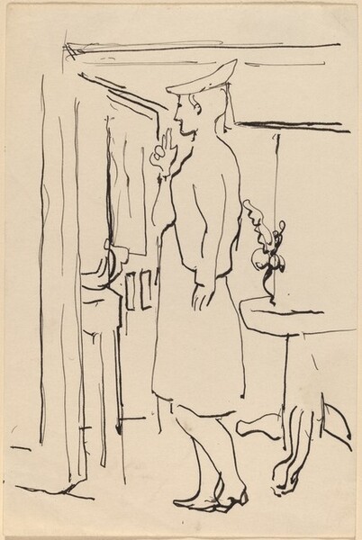 Standing Woman Looking Out of a Window with Right Hand Raised