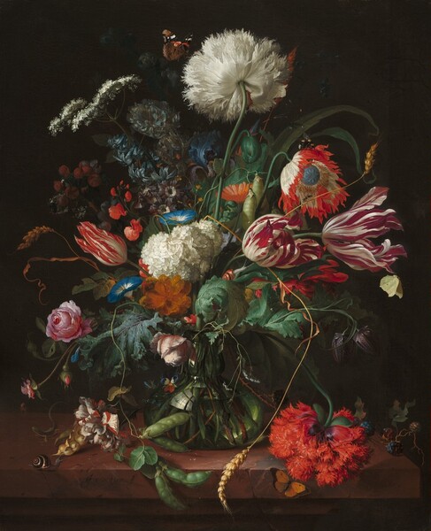 A profusion of flowers in shades of white, orange, blue, and deep pink, with earthy-green leaves, burst from the narrow opening of a glass vase in this vertical still life painting. Shown against a dark brown background, the vase sits on a caramel-brown ledge. The flowers in the center of the arrangement draw the eye. On our right two tulips are streaked with cream white and dark pink. A flower above it, perhaps an anemone, has white ruffled petals with flame-red tips around a denim-blue center. A small snail in a rust-orange shell rests on a curling green leaf nearby. On our left is a partly opened tulip with scarlet-red streaks next to an ivory-white hydrangea with clusters of tiny petals. Trumpet-shaped, sea-blue morning glories and an amber-orange bloom surround the white hydrangea. The top third of the arrangement has a tall, white peony with feathery petals at the center. Queen Anne’s lace nestles alongside small blooms in muted purples and blues, sage-green peapods, and a carrot-orange flower that resembles a daisy. A slender stalk of wheat extends off the right side while another bends to meet the ledge. The lower third of the arrangement is filled with pink roses, more green pea pods, two closed, plum-purple flowers, and another feathery peony, this one crimson red, which droops to meet the ledge near the bottom right corner of the painting. A few blackberries lie on the ledge nearby. Leaves in various sizes and shades of green fill in among the blooms. More insects and creatures are scattered throughout the composition. For example, a caterpillar clings to the underside of the white peony at the top while a brown and black butterfly flies toward it. A bee sits on the white and red anemone, and a snail, salamander, and spider gather on the ledge to the left of the vase. Stems and the water line are visible within the glass vase, which swells from a narrow opening into a wide base. Panes of a window off to our left reflects in the belly of the vase. The artist signed the front face of the ledge near the lower left: “J.D. De Heem f.”