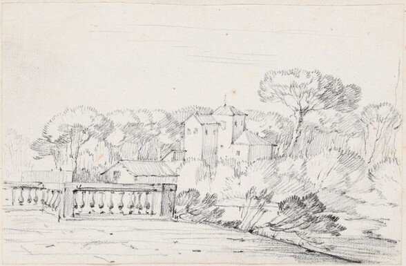 Terrace by a River with a Villa and Trees Beyond