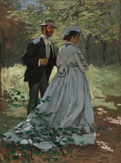 A woman wearing a long, slate-gray gown walks with a man wearing a suit and cap in a woodland setting in this vertical painting. Both people have pale, peach-colored skin. The scene is loosely painted so many of the details are indistinct. The woman walks away from us, angled to our right so we see her right cheek and the tip of her straight nose. Her lips are parted, and her dark hair is pulled back into a bun under silvery-gray hat that curves over her head. The long-sleeved bodice is embellished with swirling black lines across the back of the neck, down along the arms and backs of the shoulders, and around the bottom hem, which dips from her waist down over her lower back. Her full skirt has a short train that trails behind her along the dirt path. Barely noticeable beyond the twiggy branches of a low, scrubby tree close to us, is another black line near the hem of her skirt. To our left, a man stands with his body angled toward the woman, and us. He has short, dark hair under a rounded, brimmed, charcoal-gray cap. His long sideburns connect with the full beard and mustache. The eye we can see is a dab of pale blue, and he looks toward the woman.  He wears a navy-blue jacket over a white, collared shirt and bowtie, and charcoal-gray pants. He reaches his left hand, farther from us, toward the woman, and he holds a short stick or staff in his other hand. Strokes of white on the dirt path suggest dappled sunlight filtering through the trees, which fill the rest of the composition. Leaves are created with swipes of celery and sage green, and trunks with lines of coffee brown. A few touches of baby blue at the top center of the painting suggests a patch of sky through the dense canopies. The artist signed the lower right corner, “Claude Monet.”