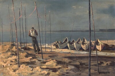 A brown-skinned man stands on a beach among poles driven into the sand, near a line of six rowboats pulled onto the shore near a slate-blue body of water in this horizontal painting. The scene is loosely painted in some areas so brushstrokes are visible, especially in the landscape. The man stands to our left, facing away from us with his head bowed. He has broad shoulders, muscled arms, and a narrow waist. His left arm is bent so that hand tucks into the waistband of his olive-green pants. His right elbow is bent so his body obscures his hand. He wears a white, sleeveless undershirt tucked into his pants. Wind blows the wide cuffs of his pants to our right. Seventeen gray, irregularly spaced poles, at least half again as tall as the man, stand upright around the man and along the beach. Pink ribbons hang between the poles, connecting many of them. The six rowboats sit in a line to our right, with the far end of the boats slightly tipped up so we can look down into them. The beach is made of rough mounds of peach and caramel-brown sand, with oyster-white rocks casting dark shadows. Beyond the shore, the flat surface of the water stretches to the horizon, which comes just over halfway up the composition. Horizontal strokes of flint-gray along the right half of the horizon could be distant hills or land. The sky above is streaked with dove gray against slate blue, with a few touches of pale, butter yellow. The scene is lit low from our left, highlighting the white stones, the man’s white shirt, and the front ends of the rowboats. The artist signed and dated the painting in the lower right: “Lee-Smith ‘57.”