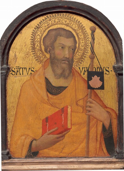 Shown from the waist up, a fair skinned, bearded man faces us against a shiny gold background on this arched, vertical panel. The wooden panel is rounded at the top and has a wooden frame, which is painted gold along the bottom. The man’s skin has a greenish cast, but his cheeks and forehead are rosy. He has wavy, honey-brown hair and a long, forked beard. With his head tilted slightly to his left, our right, the man looks in that direction with gray eyes. He has a narrow, straight nose, a thin pink mouth, and small ears. The man’s right arm bends at the elbow as he holds a vermilion-red book in front of his chest. The book has rust brown hinges and the edges of the pages are gold. In his other hand, he grasps a wooden staff tied at the top with a small, black, square flag displaying a petal pink scallop. His harvest-yellow cloak drapes over his shoulders, across his body, and over his left arm. Under the cloak, he wears a black tunic with wide gold trim patterned with starburst-like forms within pointed ovals along the neckline and sleeves. A double ringed halo punched with a flower pattern surrounds the man’s head against the glimmering gold background. There is a noticeable network of cracks across the painting