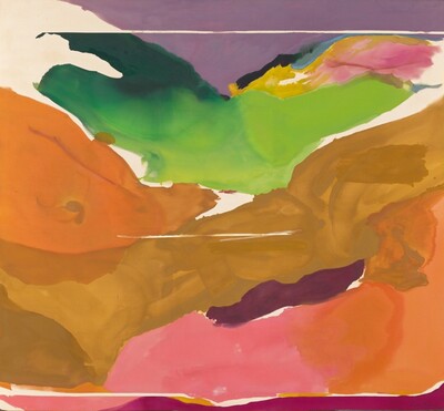 This nearly abstract painting is created with flowing bands and triangular forms of mostly single colors in caramel brown, pine and spring green, apricot orange, plum purple, or fuchsia, with some bands of unpainted canvas in this horizontal painting. A wide, tan-colored band rises from the lower left corner toward the upper right. There are triangular forms in pumpkin orange to our left and another near the lower right. With the brown band, they recall hills along a valley. Pink, orange, deep purple, and fuchsia are painted in bands in the lower right corner and across the bottom. Above the tan band, a wide swath of spring and dark green may suggest hills beyond, with swirling yellow, black, pink, and blue under a patch of lavender purple that spans the top edge of the canvas, which could be the sky. The painting is signed and dated at the lower right corner, “Frankenthaler ’73.”