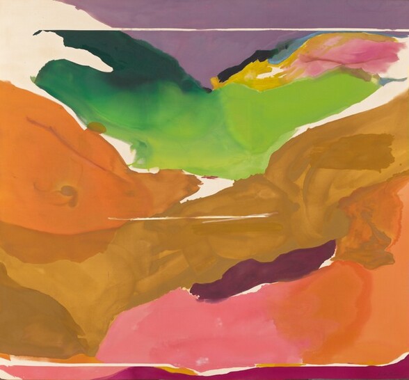 This nearly abstract painting is created with areas of mostly single colors in caramel brown, pine and spring green, apricot orange, plum purple and fuchsia, and smaller bands of yellow, pink, and black around streaks of unpainted canvas in this horizontal painting. A wide, tan-colored band that rises from the lower left corner toward the upper right and a triangular form in pumpkin orange to our left recall hills along a valley. Pink, orange, deep purple, and fuchsia are painted in bands in the lower right corner and across the bottom. Above the tan band that reads as a hill, a wide swath of spring and dark green may suggest hills beyond, with swirling yellow, black, pink, and blue under a patch of lavender purple that spans the top edge of the canvas and could read as sky. The painting is signed and dated at the lower right corner, “Frankenthaler ’73.”
