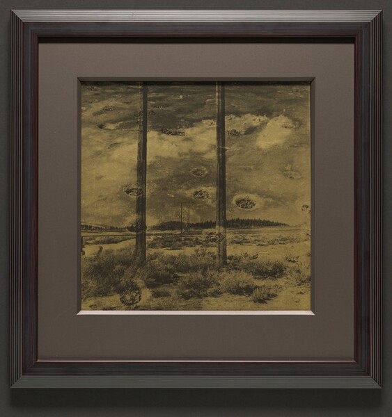 In tones of gold and black, two poles span the height of this square, landscape photograph, which is printed on glass. The landscape around and beyond the poles has scrubby bushes scattered across a dirt field, which leads back to a row of tall trees and a low hill, silhouetted in black against the sky. More double-poled utility towers march into the distance down the center of the composition. Several oval marks seem smudged on the surface of the glass. The photograph is framed in an elephant-gray mat with a stepped, wooden frame.
