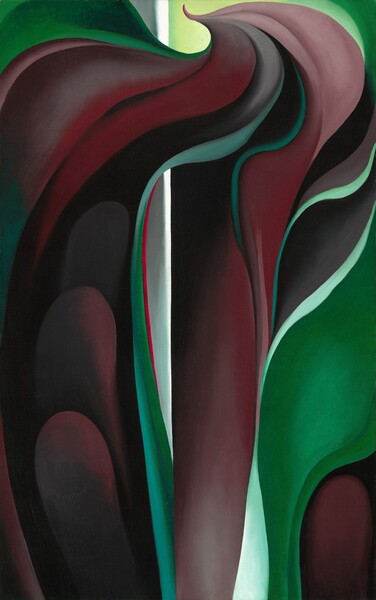 Tall, sinuous, wine-red, plum-purple, and kelly-green curving forms fill this vertical abstract painting. The forms grow up from the bottom edge and converge into an S-shaped curl near the top of the canvas. A bright white line slices down the background beyond the petal at the top, and tapers to a point about three-quarters of the way down the composition. Two elongated, burgundy-red lobes emerge from black shadow at the lower left. One sliver of green grows up the center, and another flares out to our right. The top edge of the painting is lined with celery green at the middle deepening to grass green at the upper corners.