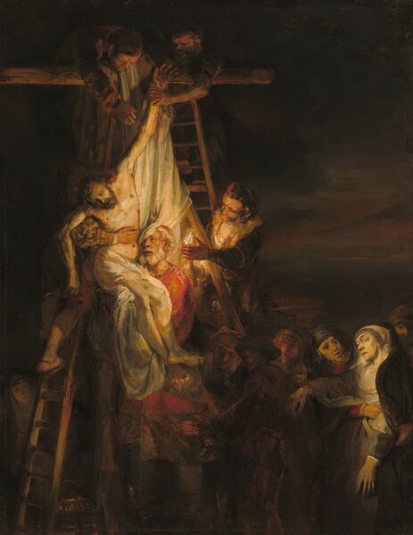 The lifeless body of a bearded young man partly wrapped in an ivory cloth is being lowered from a cross to a group of people at its foot in this vertical painting. All the people have peachy or pale skin, and most are dressed in cream white and shades of brown. The body and head of the dead man, Jesus, slump to our left, eyes closed and mouth hanging open. His arms and hands are streaked with red, and drips of blood dot his head. Two men on ladders propped against the back of the cross reach over the top crossbar, and one man on our right holds Jesus’s left wrist. A long white cloth is draped over the crossbar and falls to wrap around Jesus’s hips. Two more men stand on the ladders on either side of the cross, one with his arm around Jesus’s torso while the other reaches forward to hold a torch that dramatically lights the cluster of bodies. An older man with white hair and beard, wearing a scarlet-red tunic, stands in front and cradles the hips and legs of Jesus as he is lowered. Six people stand to the right of the old man and the cross. A strong light falls on the face of a pale, older woman. Her eyes are closed, her mouth open, and her arms limp as she is caught by the people around her. The men in the group wear hats and the women’s heads are covered with scarves. From the shadows to the left of the cross, near the edge of the painting, the pale face of a woman peers onto the scene. The landscape behind the cross and group is deep in shadow, but rust-red streaks line the horizon in the distance.