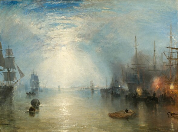 We seem to hover over a flaxen-colored, yellow-gray body of water lined with ships to our left and right, which are silhouetted against a moonlit, cloud-veiled sky, which fills the top two-thirds of this horizontal landscape painting. The moon hangs to our left of center in the sky, its light reflecting on the clouds in a bright, hourglass shape to create a tunnel-like effect. The sea below turns from a golden, gray color close to us to pale blue along the horizon. To our left, one ship with gray sails is cut off by the edge of the canvas and another, also with gray sails, is situated farther away from us. A small, dark rowboat with two passengers moves between them. Light from the windows in buildings along the distant horizon to our left reflect in the water, and another building, a factory, spouts white flame from its chimney. More dark ships line the waterway to our right, their spiky masts black against the sky. Three flames, one orange between two pale yellow fires, flare in the darkness in front of the ship closest to us. The forms of men shoveling coal, crates, and barges are dark silhouettes against the firelight and smoke. More rowboats float among the boats in the distance. Near the lower right corner of the canvas, a broad, flat fragment of wood, perhaps a piece of a wreckage, floats close to us. The hot orange and black on the right side of the painting contrasts with the silvery grey, light blue, and white that fills much of the rest of the composition. The painting was created with thick, blended brushstrokes throughout, giving the scene a hazy look. The texture of some of the brushstrokes is especially noticeable, as where the moon casts white light onto the water and in the clouds. The artist signed a buoy floating to our left with his initials, “JMWT.”